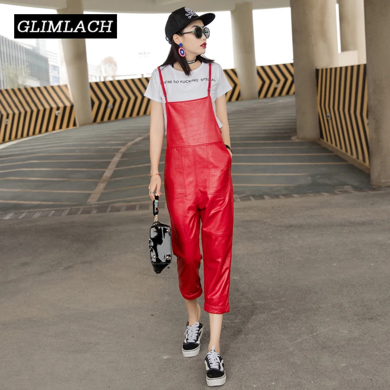 

Solid Black Red Real Leather Jumpsuit For Women Plus Size Ankle-Length Casual Overalls Female Fashion Sheepskin Jumpsuits Ladies