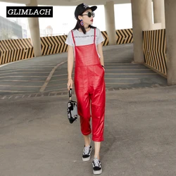 Sólido Preto Vermelho Macacão De Couro Real Para As Mulheres Plus Size do Tornozelo Comprimento Casual Macacões Jumpsuits Das Senhoras da pele de Carneiro de Moda Feminina