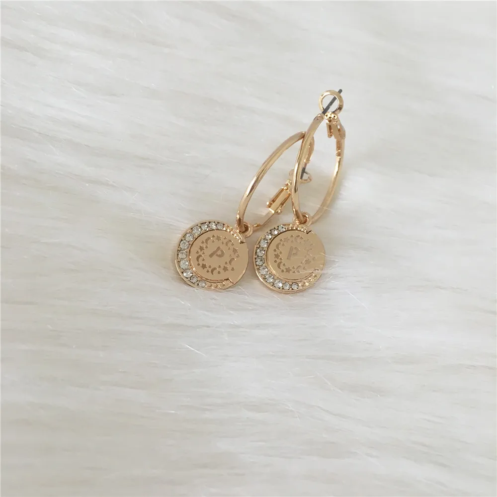 

LOVELY EARRING GOLD COLOR PLATING STAR MOON FILIGREE ROUND CHARM HOOP EARRINGS
