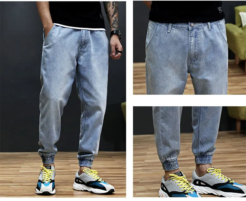Высокая уличная мода, мужские джинсы для бега, синий цвет, высокое качество, свободные брюки карго, шаровары, хип-хоп джинсы для мужчин