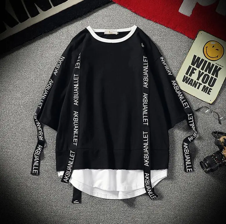Уличная футболка унисекс в стиле хип-хоп размера плюс 4XL уличная футболка уличная одежда футболки в стиле Харадзюку С буквенным принтом и лентами - Цвет: Черный