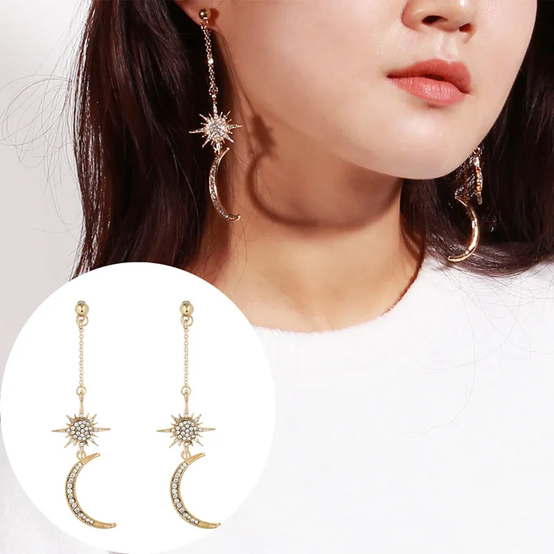 

Moon Earrings New Gold Color Diamonds Moon Earrings for Women Stylish and Simplicity Earrings Long Fringed Pendant Earring