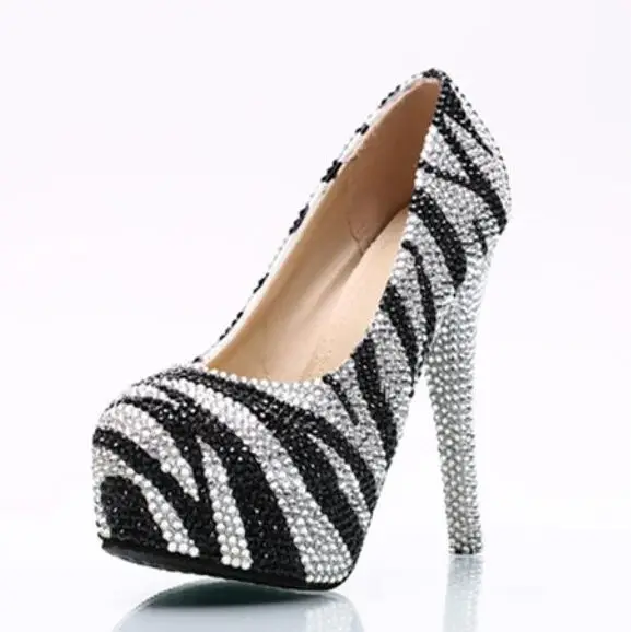 

Super high heels paltforms slip on party pumps shoes black silver crystal straps women's handmade plus large size pumps HS151