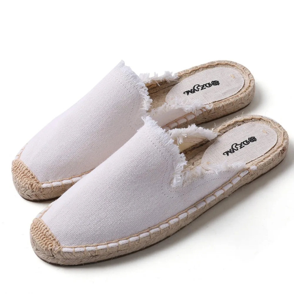 

Women's canvas slip-on flats slides brand designer round toe leisure summer sandalias high quality hemp sole fringe mules shoes
