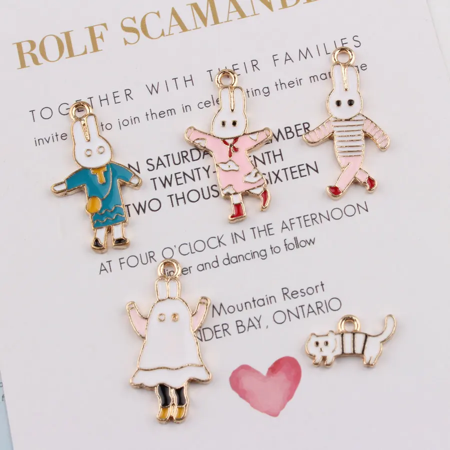 

10pcs Fashion DIY enamel rabbit bunny family charms for bracelet cute metal alloy cartoon animal pendants dangle jewelry making