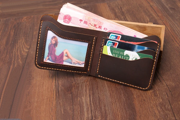 Handmade Vintage Crazy Horse Leather men Wallet Men Purse Genuine Leather Wallet male purse short style money holder clutch bag 5