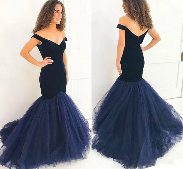 Elegant Navy Blue Mermaid Prom Dresses 2018 Off Shoulder Velvet tulle skirt Sweep Train Formal Evening Party Gowns Plus Size Customized