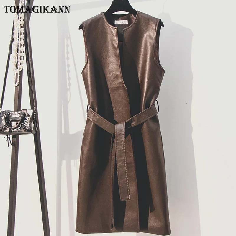 

Women PU Vest Top Streetwear Solid Long Gilet Ladies Waist Belt O Neck Sleeveless Slim Waistcoat femme colete feminina