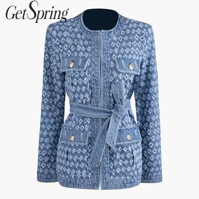 

GETSPRING Women Coat Hollow Out Bandage Long Sleeve Denim Coats Jackets Women Round Neck Hole Fashion Denim Jackets 2019 New