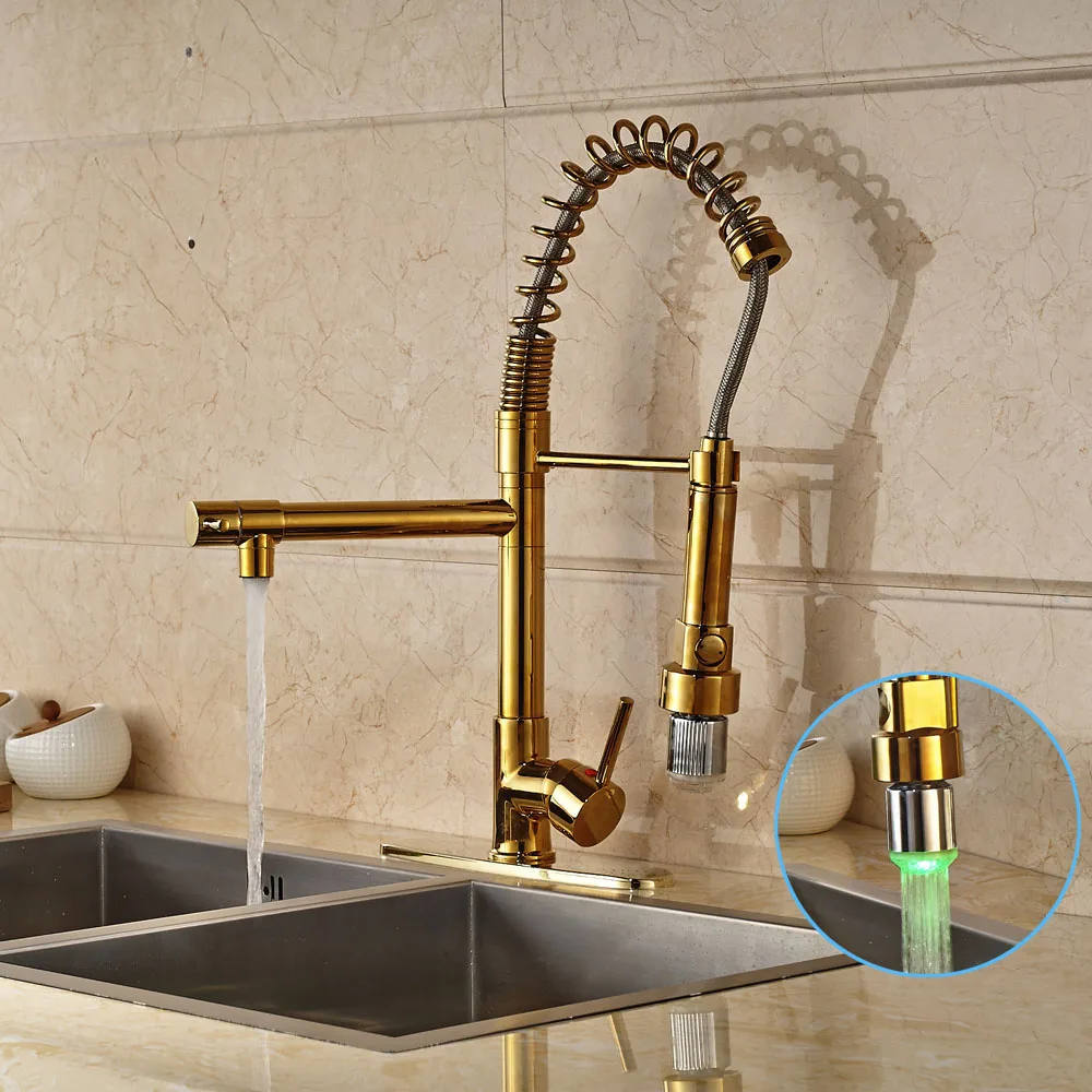 Gold Finished Deck Mounted Kitchen Sink Faucet Single Handle LED Spout Mixer Tap with Cover Plate
