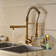 Gold Finished Deck Mounted Kitchen Sink Faucet Single Handle LED Spout Mixer Tap with Cover Plate