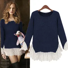 Новинка весна осень женские футболки Vestidos тонкие модные серые свободные кружевные лоскутные с длинным рукавом трикотажные рубашки для женщин топы