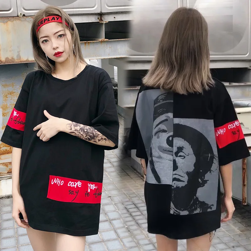 

2019 New Ins Hip Hop Harajuku Bf Wind Long T-shirt Female Korean Style Ulzzang Harajuku Summer Loose Wild Half Sleeve T-shirt
