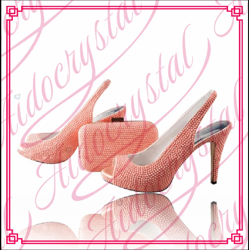 

Aidocrystal african shoe and bag set with pink crystal With Peep toe Italian matching shoes and bags set for wedding women dress