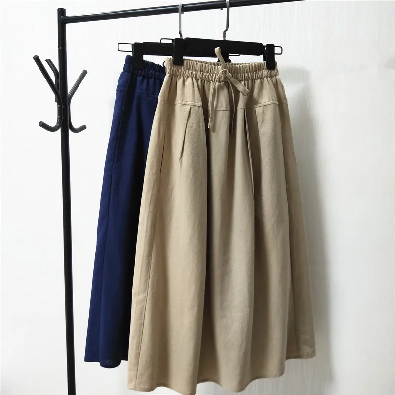 

2019 Summer New Brief Linen Skirt Casual Side Pockets Elastic High Waist Empire Knee-Length Sashes A-Line Female Midi Skirt