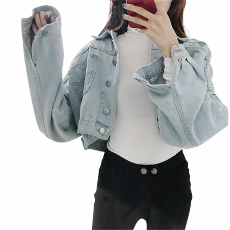 

Spring Autumn Women Basic Short Denim Jacket Long Sleeve Loose Solid Denim Coat Women Casual Denim Jacket Bomber Denim Coat
