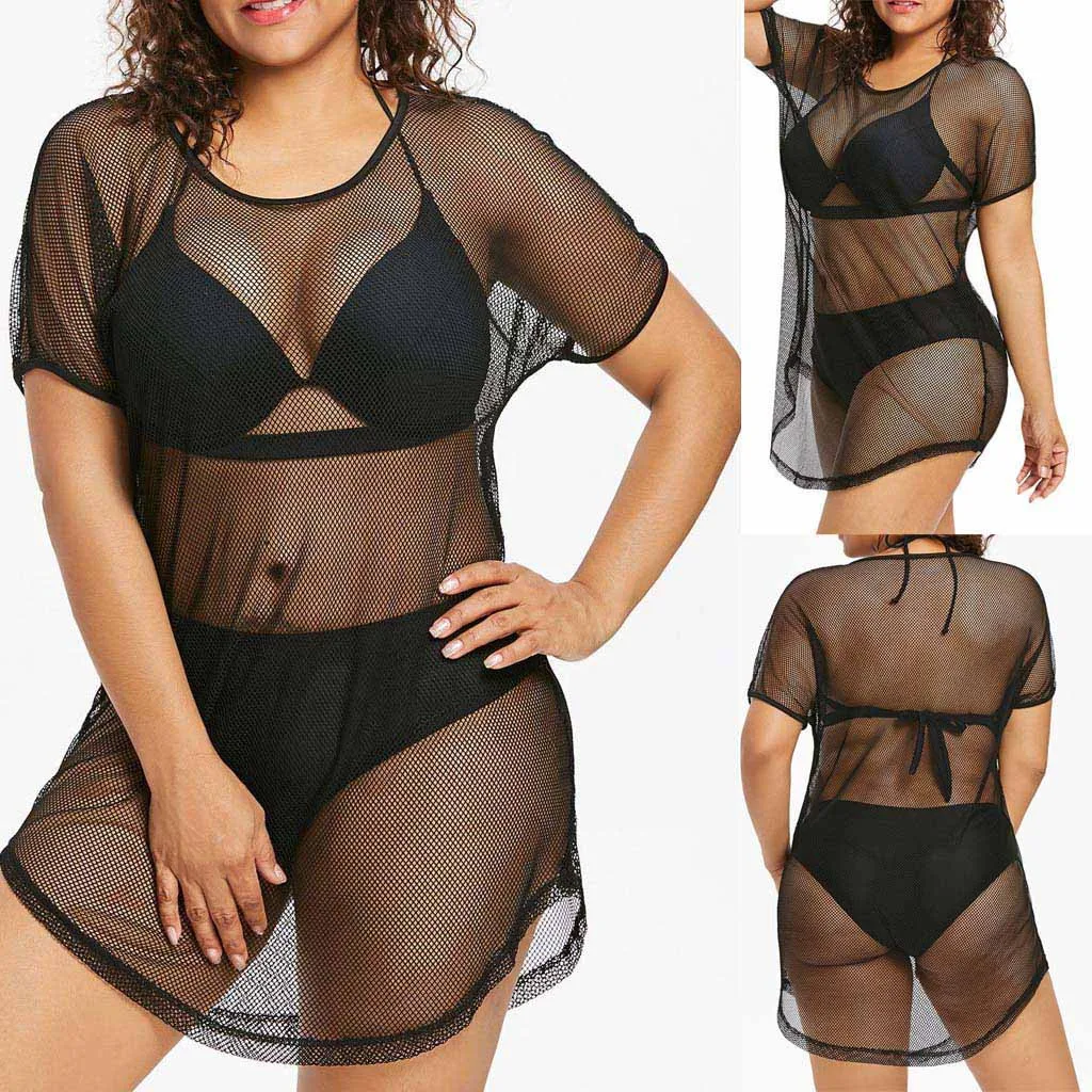 

2019 summer New arrive Fashion Women Plus size O-Neck Bikini Cover Up Swimwear Bathing Mesh Beach Dress #30 Female beachwear