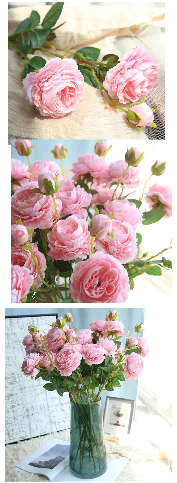 Западная роза Европейский ядро 3 головы Пион Искусственные цветы украшение дома Свадебные стены рождественские украшения поддельные цветы 1 шт
