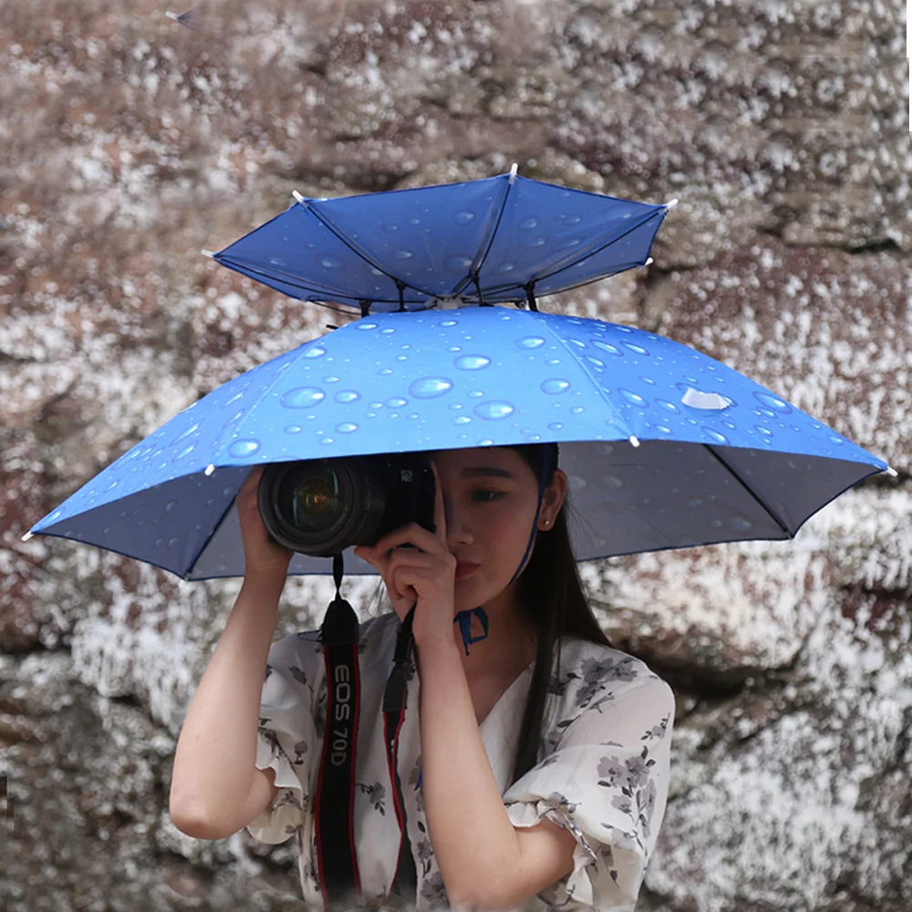Creative Head Wearing Hat Umbrella Rain Women Double Wind proof Camping