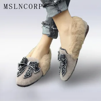 

Plus Size 34-44 Spring Autumn Loafers shoes woman rhinestone bowtie flats slip on real rabbit fur snow shoes female casual shoes