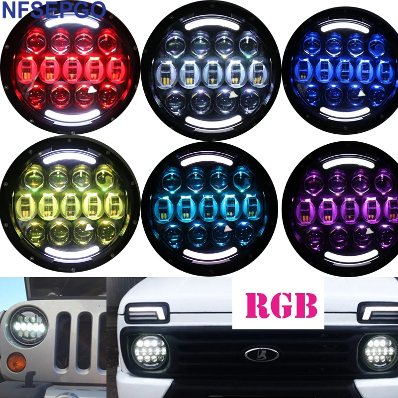 

2pcs 7" LED Headlight with Multi Color RGB Bluetooth Halo For Jeep JK VAZ 2121 Lada Niva 4x4 7" LED Headlamps