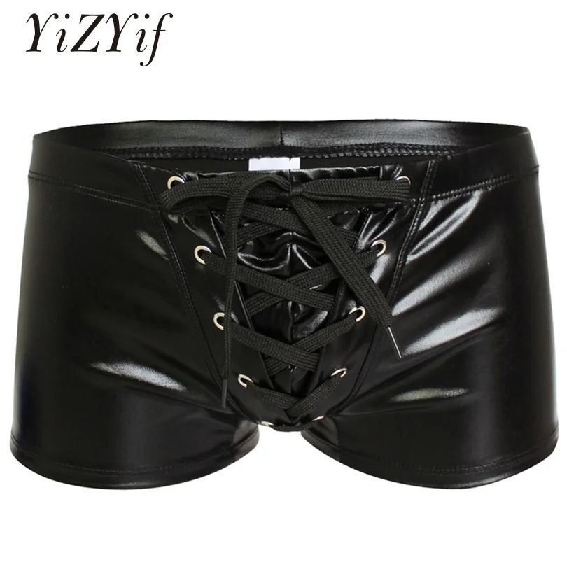 

YiZYiF Sexy Men Boxer Short Fetish Underwear Panties Shiny Patent Leather Exotic Drawstring Metallic Boxer Shorts Swimwear Beach