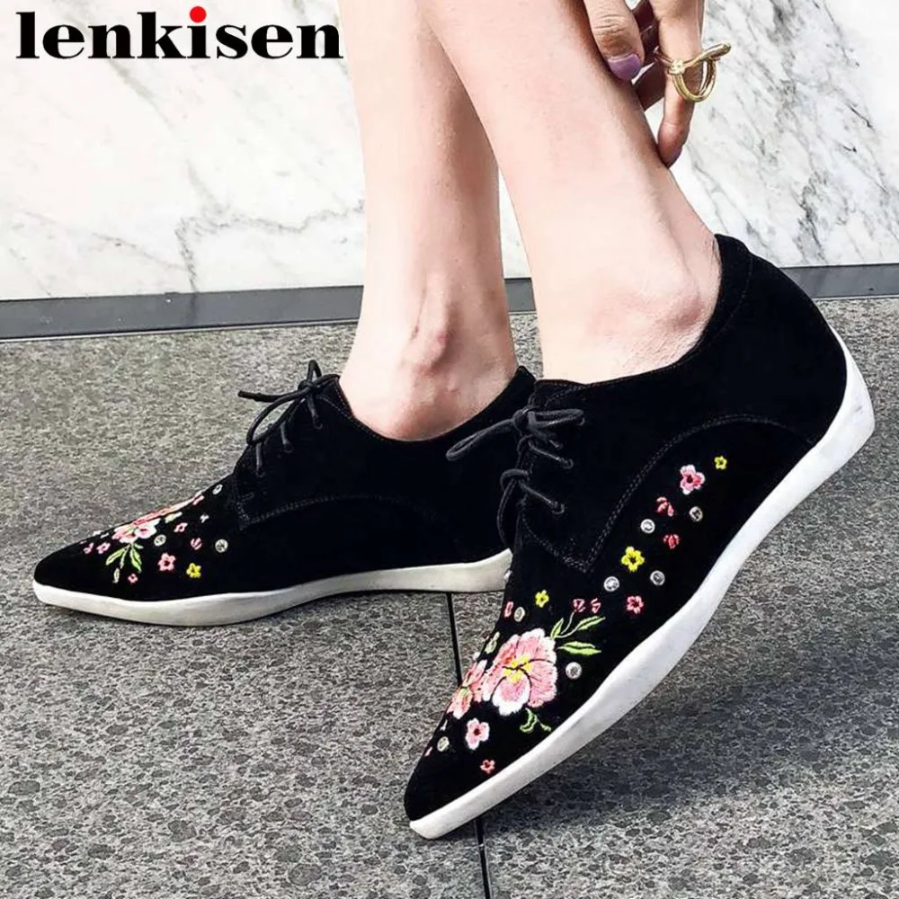 

2019 superstars colorful beauty embroidery med heels increased lace up oxford pointed toe natural leather vulcanized shoes L20