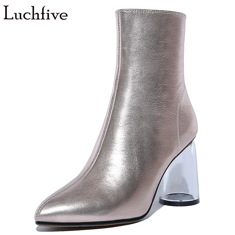 

Fetish ankle boots for women 2018 pointed toe transparent crystal high heels genuine leather short booties zipper silver shoes