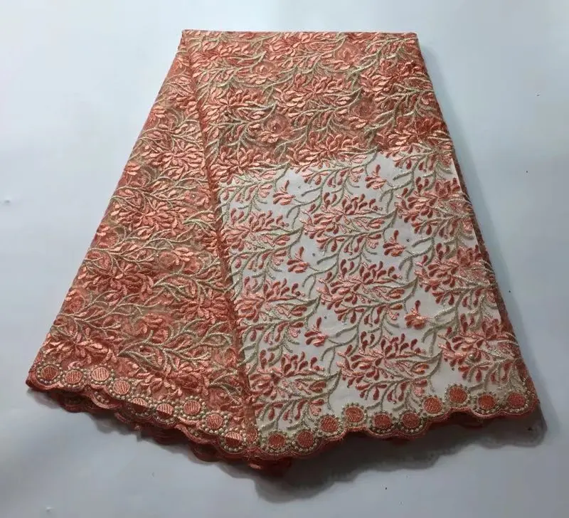 Hot sale peach beaded lace fabric beautiful african lace mesh lace