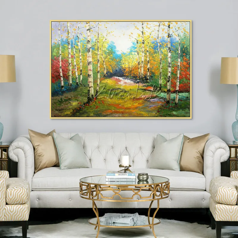 Forest oil painting cuadros decor acrylic canvas green yellow landscape painting Wall Art Pictures for living Room home quadros7