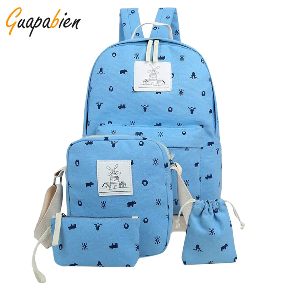 Guapabien 4pc/Set Korean Girls Printing Canvas Backpack Set Big School