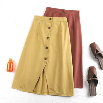 

Summer Spring Womens Yelow Black Button Fly Placket Cotton Skirt , 2019 New Arrival Korean Wine Red Mid Calf Skirts For Women