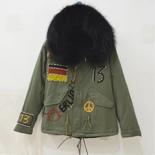 Зимние Флаг Германии Бисер короткая парка зима черный мех енота, капюшон парка с мехом