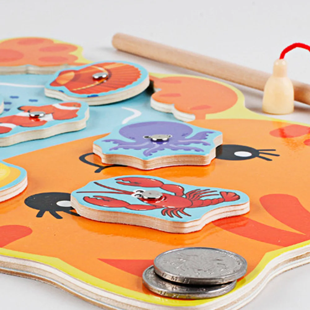 Детская Магнитная настольная игра «Рыбалка» со стержнем деревянная мультяшная лягушка кошка головоломка игрушки для детей обучающая игрушка для рыбалки