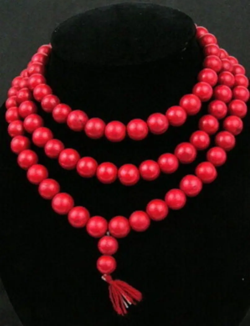 

FREE SHIPPING>>@> A717 Rare 108 Tibetan Buddhist Red Coral 10mm Prayer Beads Necklace