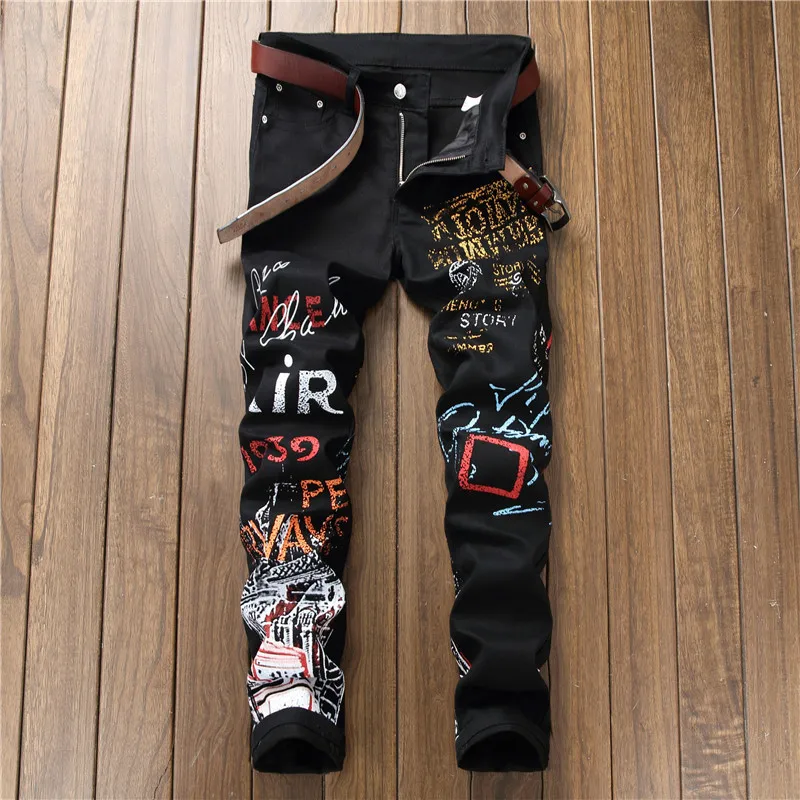 Fashion mens black printed jeans slim fit skinny casual pencil pants