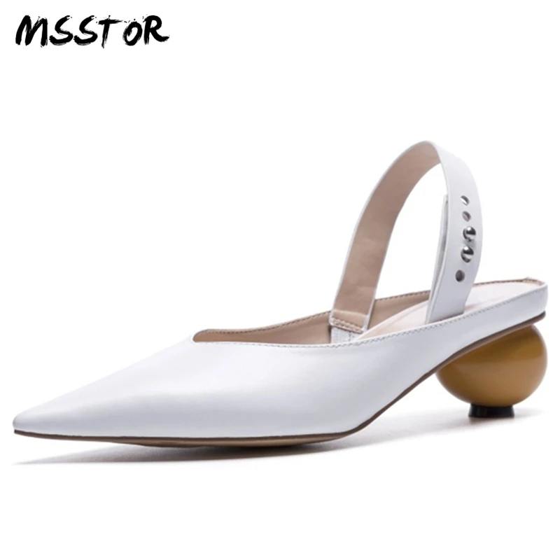 

MSSTOR Strange Style Womens Sandals Pointed Toe Party Black Concise Fashion Women Shoes High Heel Genuine Leather Summer Shoes