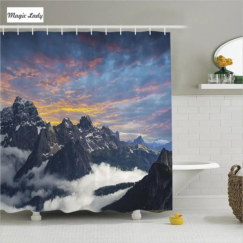 Shower Curtain Mountains Bathroom Accessories Clouds Blue Sky White