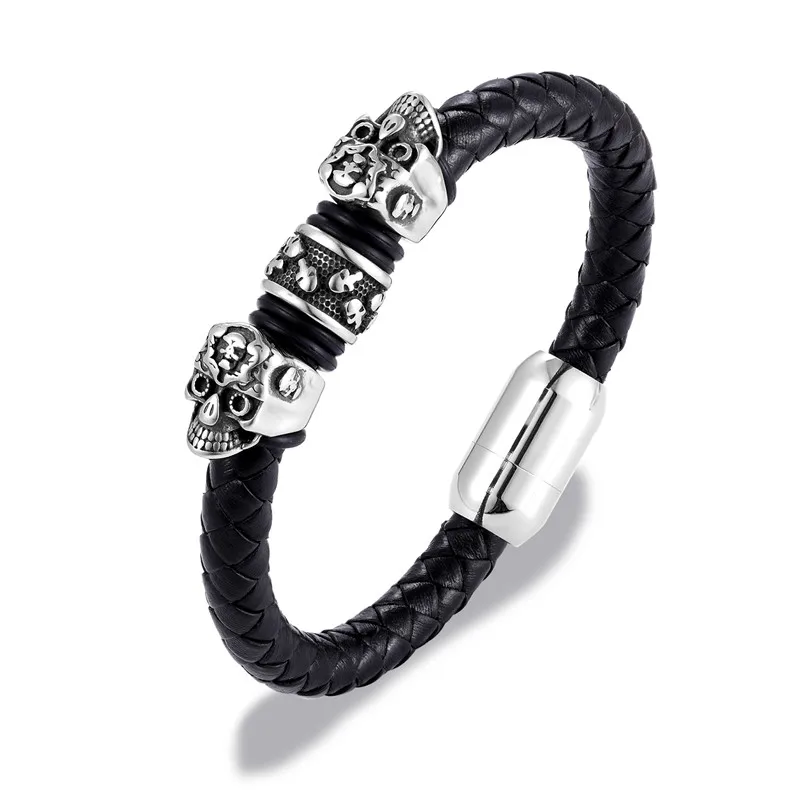 MKENDN New Genuine Braided Leather Bracelet Men Leo Lion Skull Stainless Steel Magnetic Clasp Bangles Fashion Punk Male Jewelry