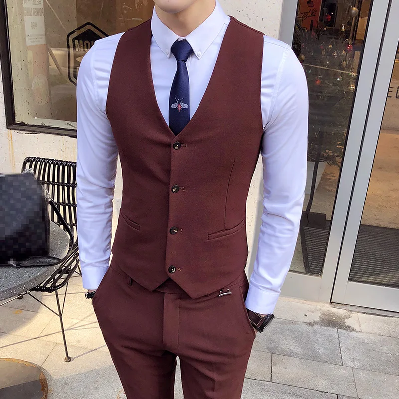 2019 autumn mens vest and pant Black Khaki Wine Red Business Casual ...