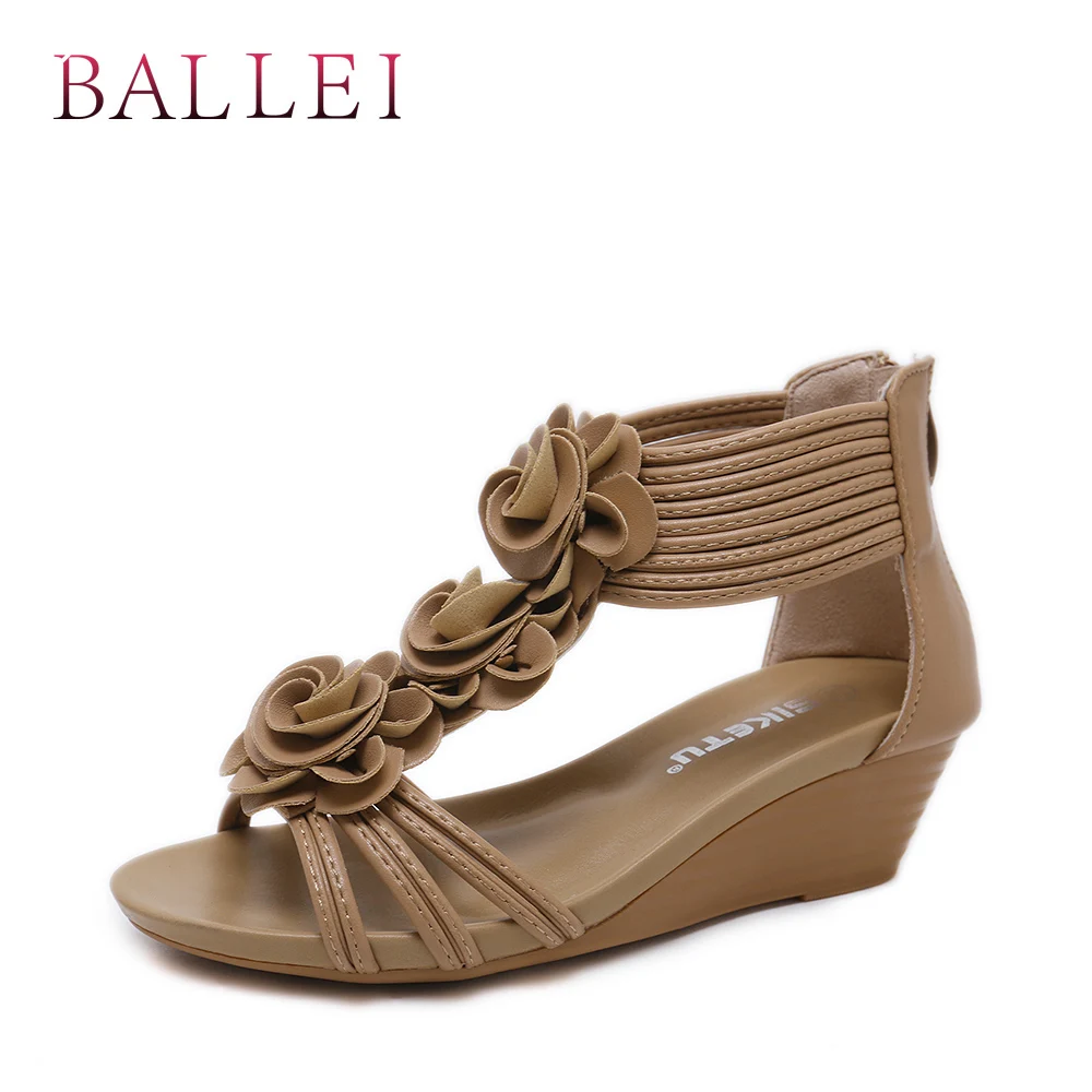 

BALLE Luxury Woman Sandal Vintage PU Soft Wedge Flower Decoration Back Strap Shoe Classic Retro Casual Quality Zipper Sandal S26