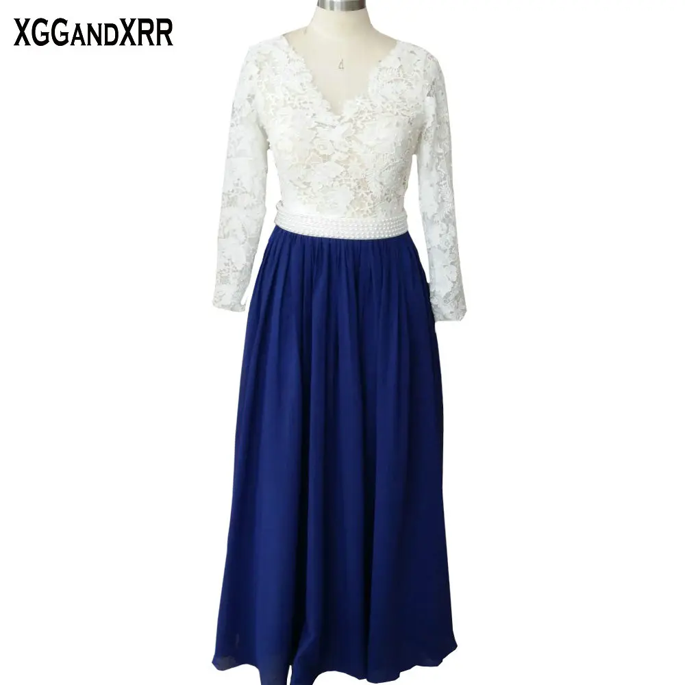 High Quality Sapphire Long Sleeves Prom Dresses 2018 Pearls Beading For