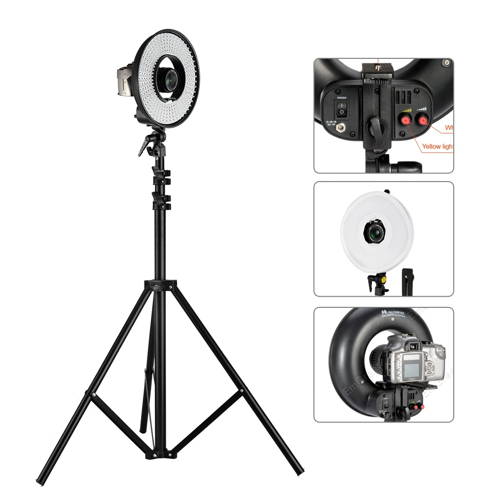 

FalconEyes 300 LED Ring Video Studio Light w/ Diffuser Dimmable 3000K-7000K Wonderful Effect for Eyes Light Shadow Less + Stand