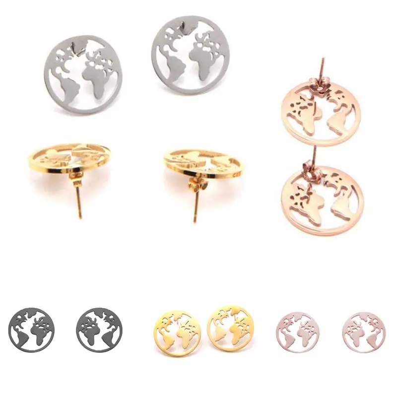 

1Pair Hot Sale Circle Hollow Out World Map Earth Map Stainless Steel Travel Round 4 Colors Stud Earrings Fashion Jewelry