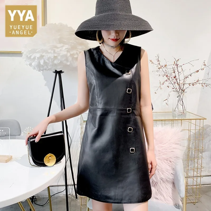 

Autumn Winter Ladies Real Leather Sleeveless Vest A-Line Dresses V-Neck Button Slim Sheepskin Plus Size Womens Streetwear Dress
