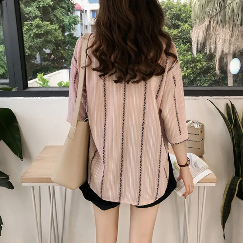 Women Plus Size Pullover Loose Blouse Striped Lapel Collar Seven Point Sleeve Solid Single Buckle Autumn Loose Casual Shirt 5