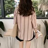 Women Plus Size Pullover Loose Blouse Striped Lapel Collar Seven Point Sleeve Solid Single Buckle Autumn Loose Casual Shirt 5