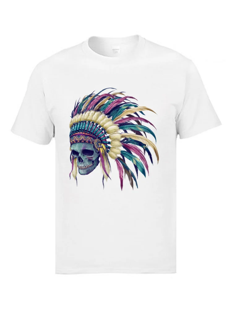 Native Skull Headdress Graphic Mens T-Shirt Round Neck Short Sleeve Cotton Fabric Tops Shirt Fashionable Tops Shirt Native Skull Headdress white