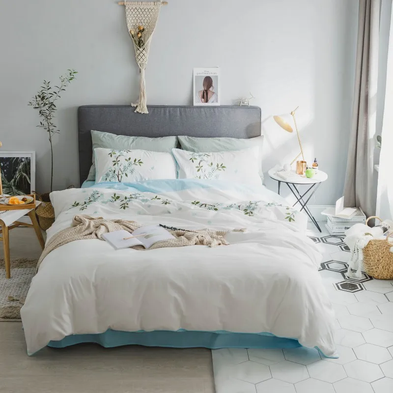 

4pieces King queen twin size Luxury Bedding set washed cotton bed duvet cover set Embroidery plants bed sheet set gifts
