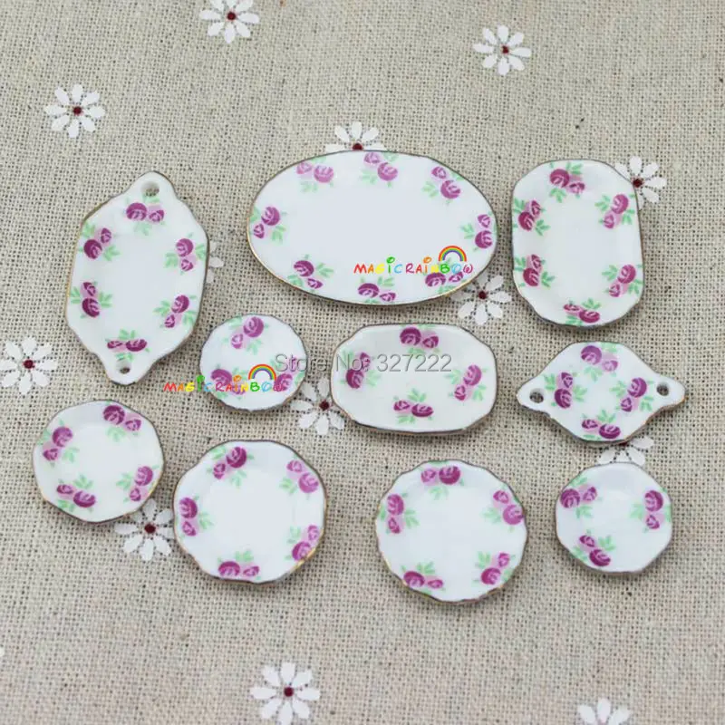 Dollhouse Miniatures Tableware Porcelain Serving Plates Saucer Tray Bowl 17pcs